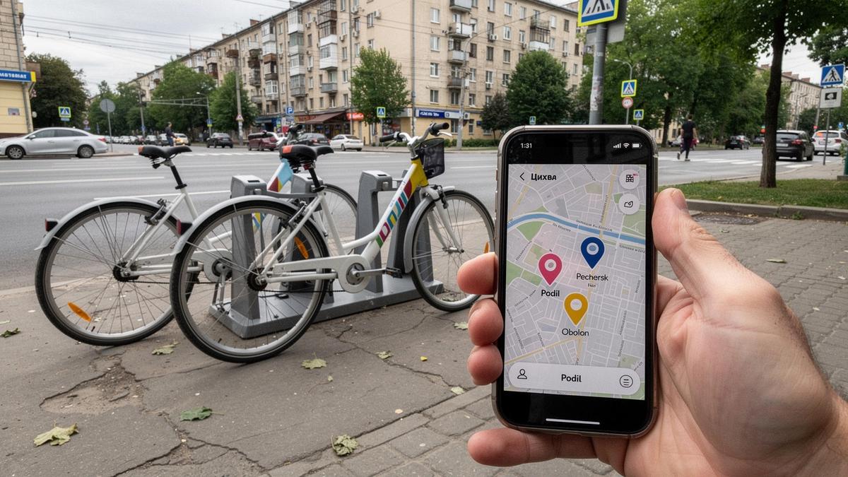 Bicycle rental pickup area map preview over Kyiv streets